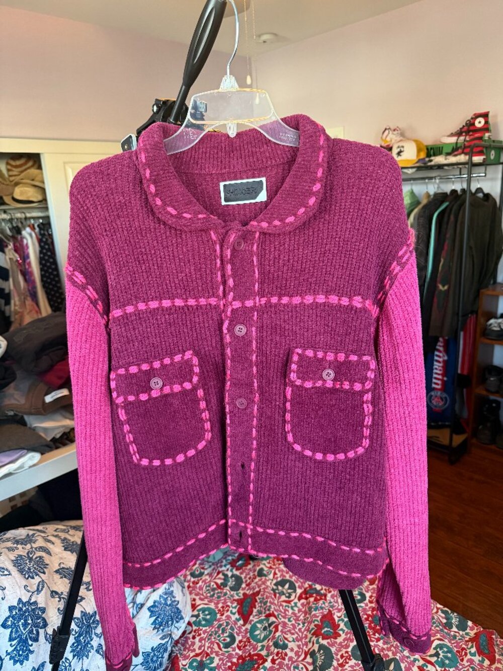 Phingerin Waffle Knit Cardigan Button Up Pink Purple Blanket Stitch